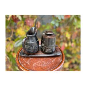 Vintage Serving Tray Jam Mustard Honey Pot Creamer Spoon Set Dark Hardwood Etche